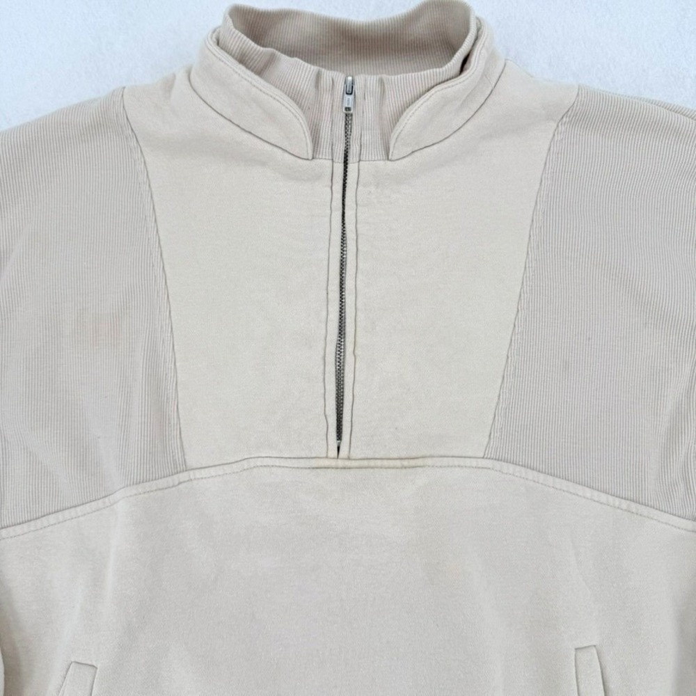 Quarter Zip Paneled Fleece Sweatshirt Mock Neck Oversized Beige Cream Women - Picture 2 of 11